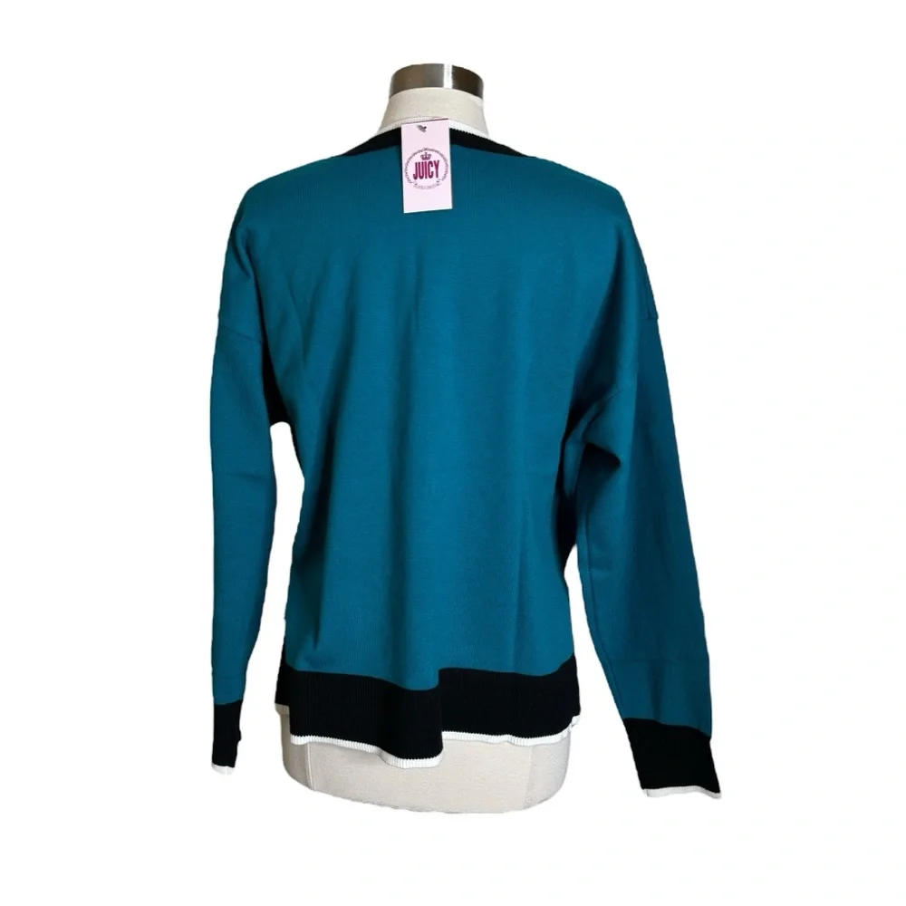 Juicy Couture Crew Neck Long Sleeve Pullover Heart Sweater Teal Womens Large New